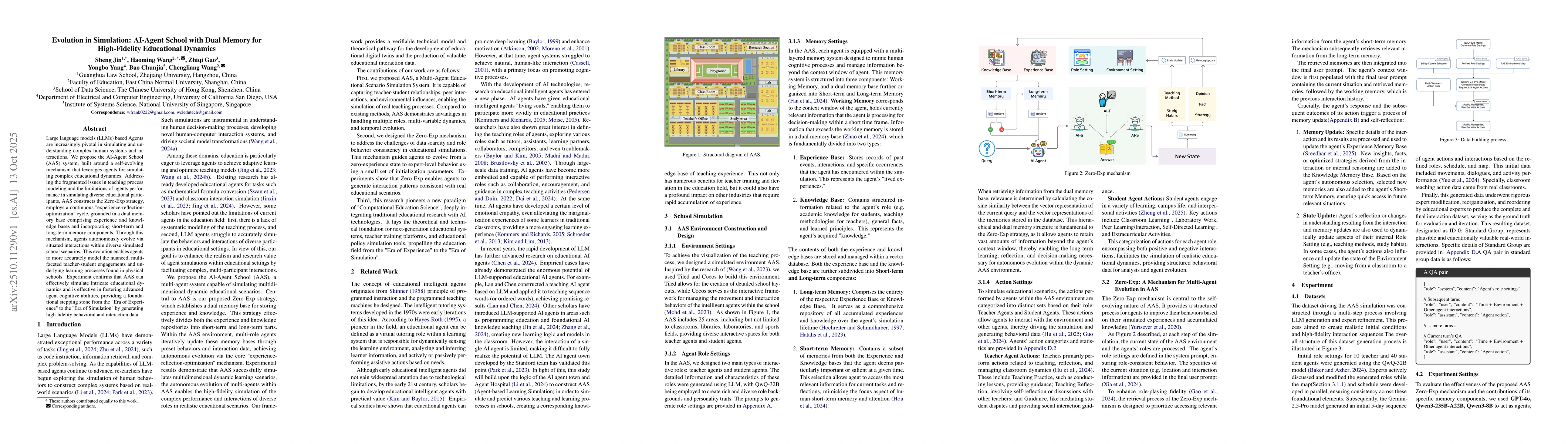 Thumbnail for Evolution in Simulation: AI-Agent School with Dual Memory for
  High-Fidelity Educational Dynamics