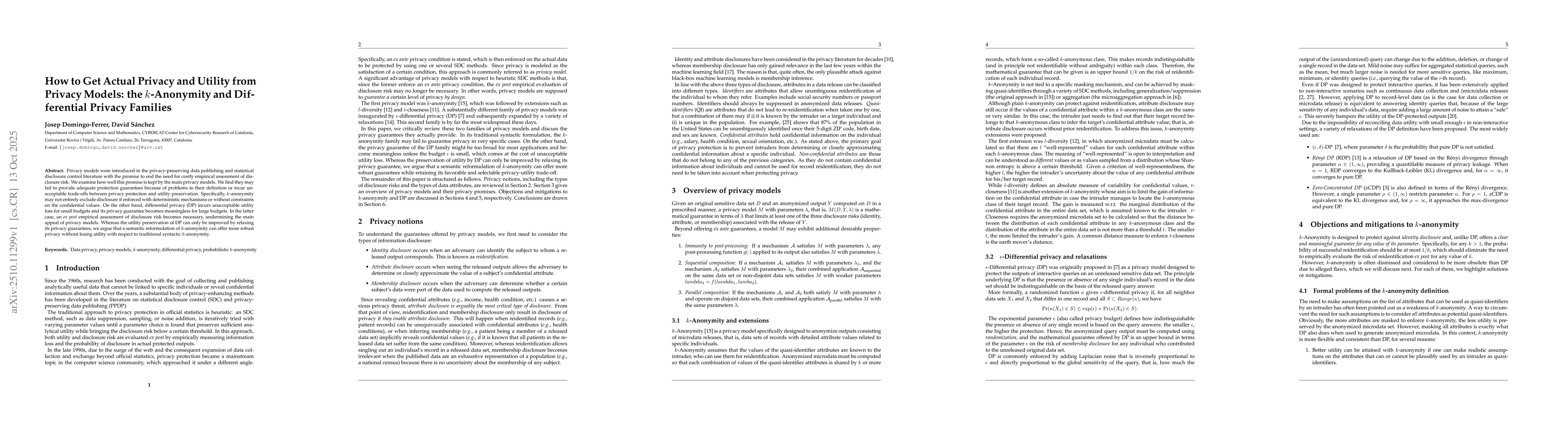 Thumbnail for How to Get Actual Privacy and Utility from Privacy Models: the
  k-Anonymity and Differential Privacy Families