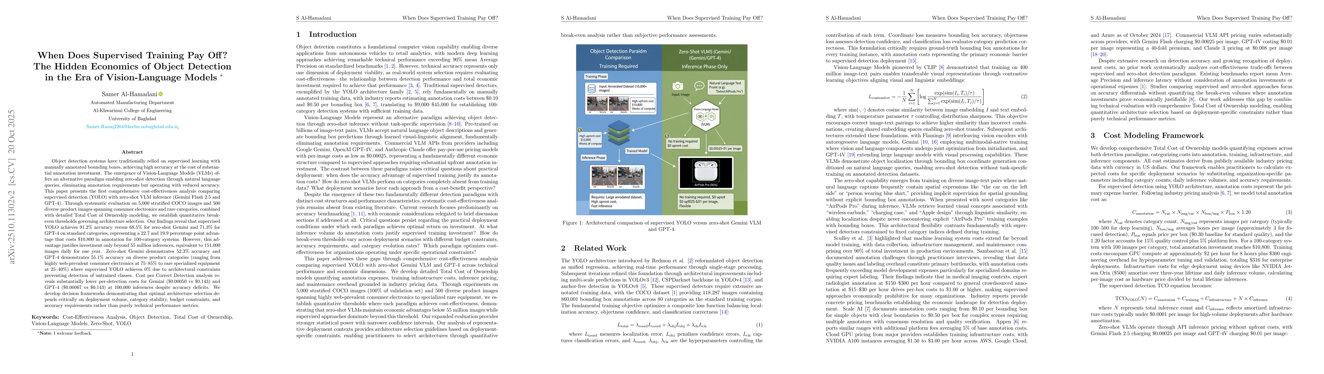 Thumbnail for When Does Supervised Training Pay Off? The Hidden Economics of Object
  Detection in the Era of Vision-Language Models