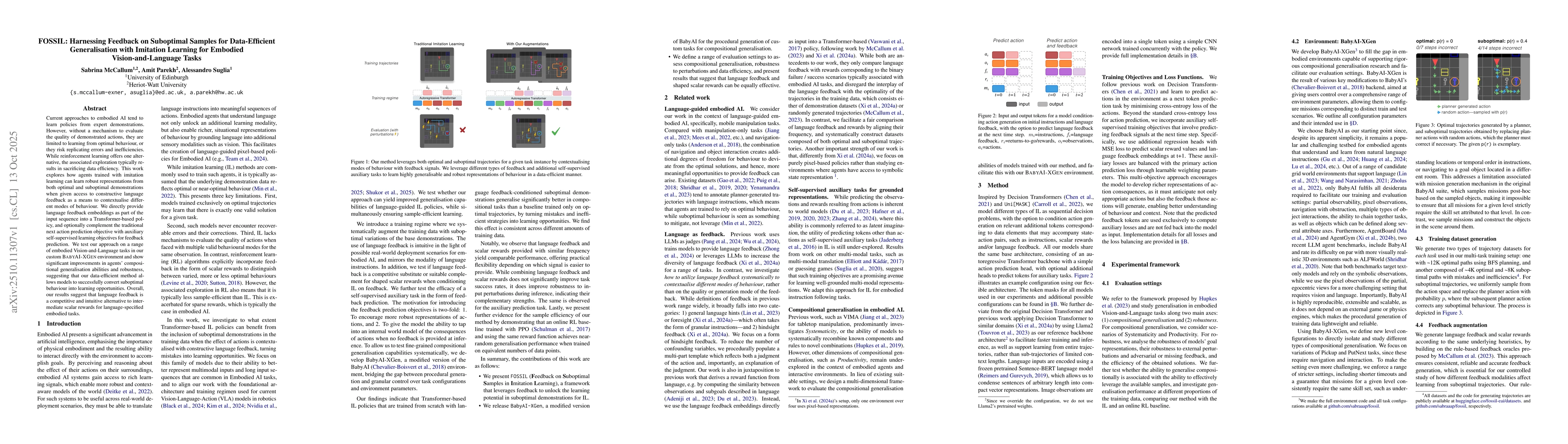 Thumbnail for FOSSIL: Harnessing Feedback on Suboptimal Samples for Data-Efficient
  Generalisation with Imitation Learning for Embodied Vision-and-Language Tasks