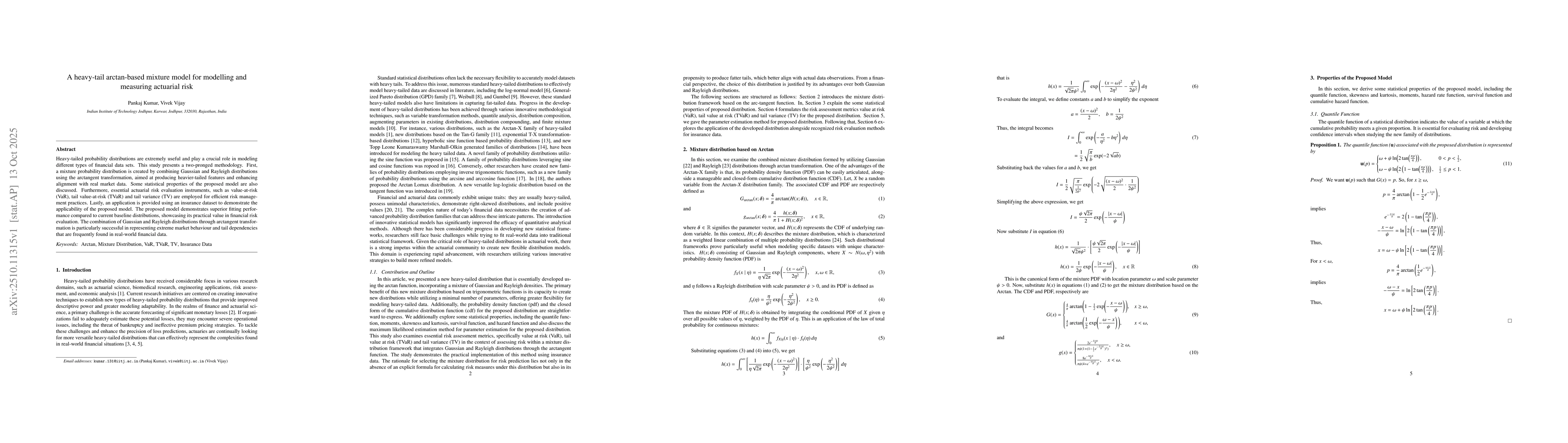 Thumbnail for A heavy-tail arctan-based mixture model for modelling and measuring
  actuarial risk