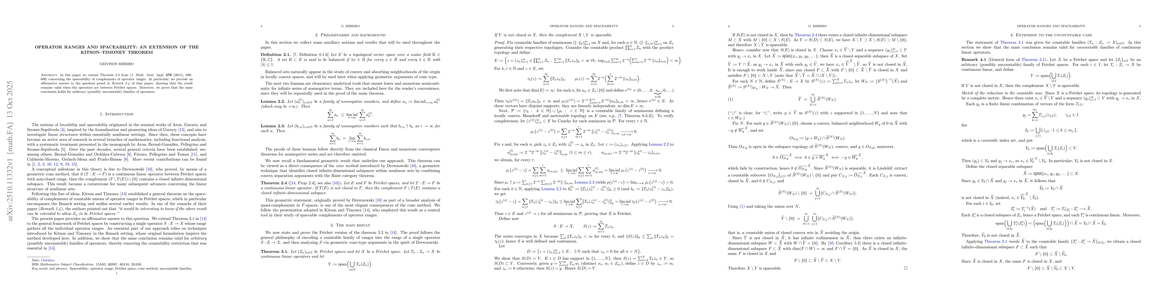 Thumbnail for Operator Ranges and Spaceability: Extending a Result of Kitson and
  Timoney
