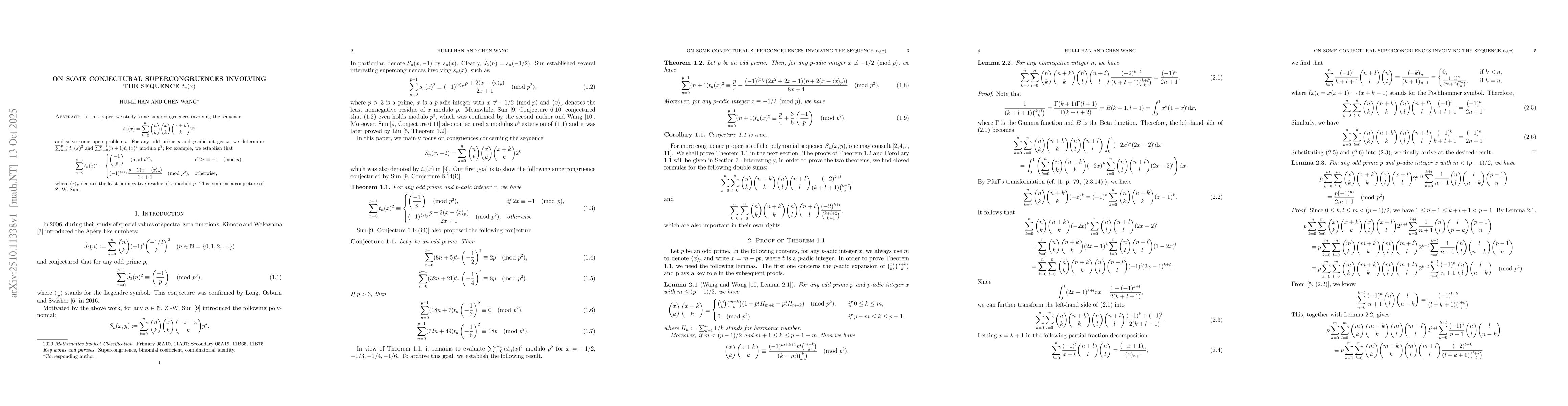Thumbnail for On some conjectural supercongruences involving the sequence $t_n(x)$