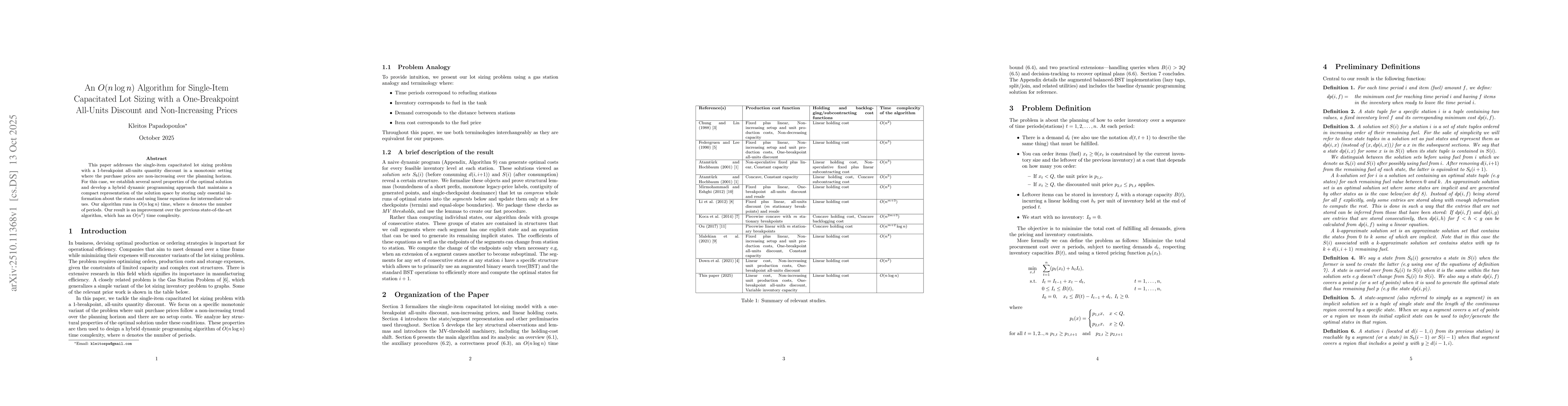 Thumbnail for An $O(n\log n)$ Algorithm for Single-Item Capacitated Lot Sizing with a
  One-Breakpoint All-Units Discount and Non-Increasing Prices