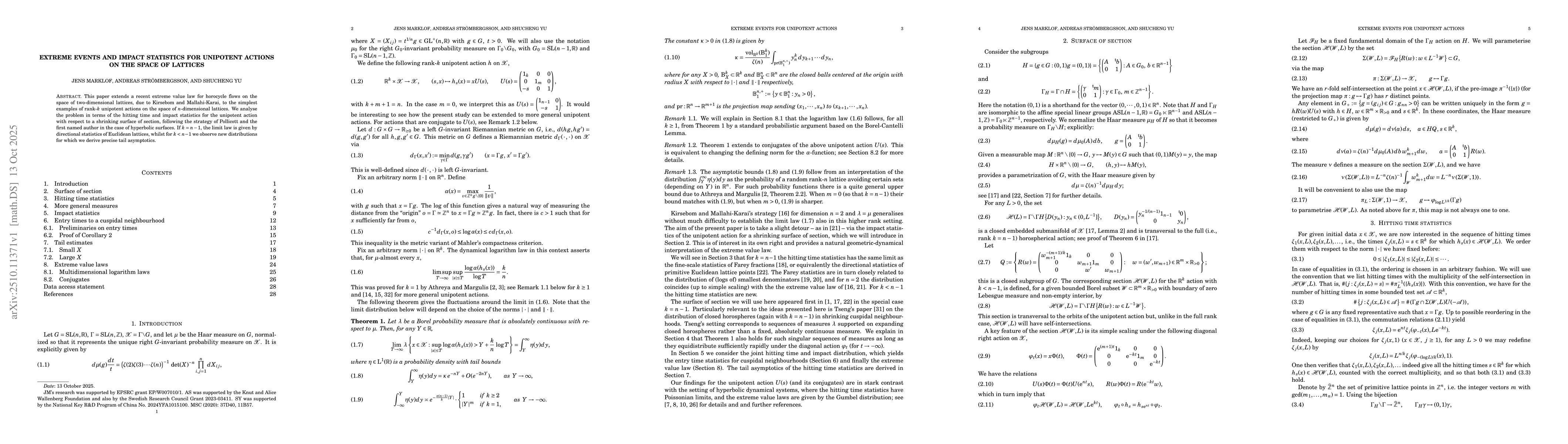Thumbnail for Extreme events and impact statistics for unipotent actions on the space
  of lattices