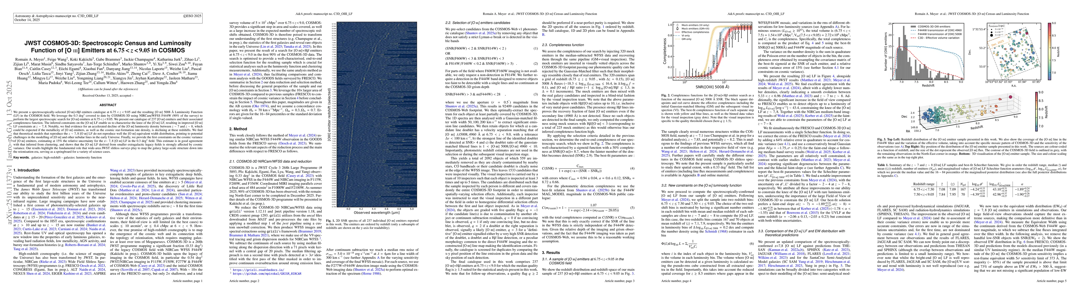 Thumbnail for JWST COSMOS-3D: Spectroscopic Census and Luminosity Function of [O III]
  Emitters at 6.75<z<9.05 in COSMOS