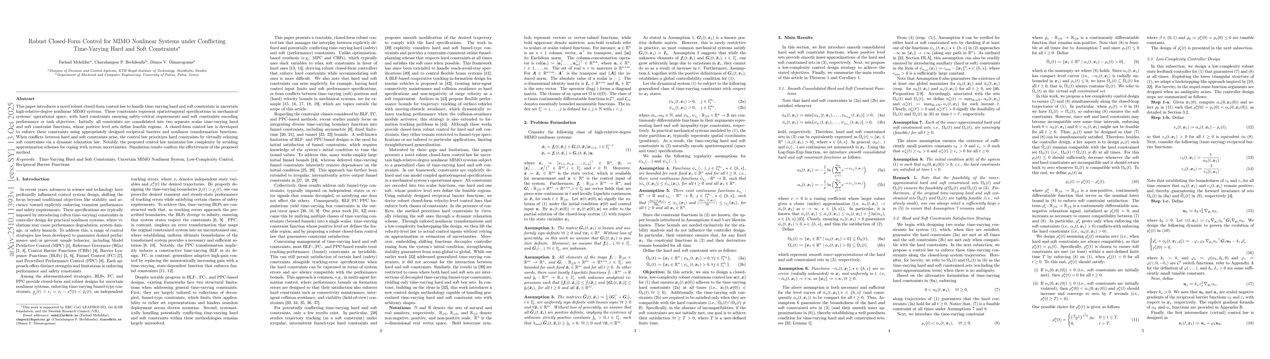 Thumbnail for Robust Closed-Form Control for MIMO Nonlinear Systems under Conflicting
  Time-Varying Hard and Soft Constraints