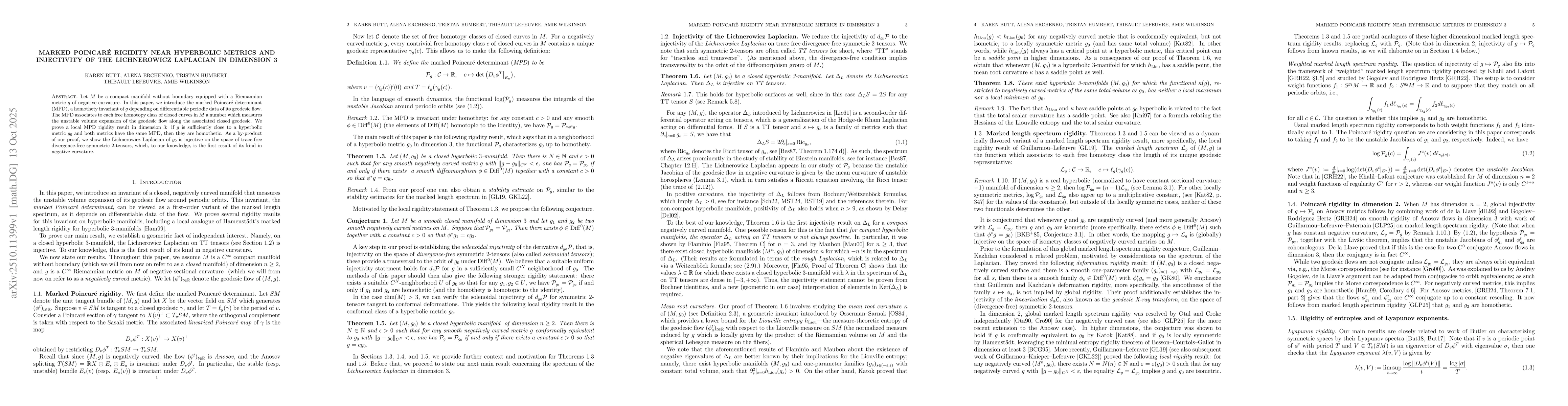 Thumbnail for Marked Poincaré rigidity near hyperbolic metrics and injectivity of
  the Lichnerowicz Laplacian in dimension 3