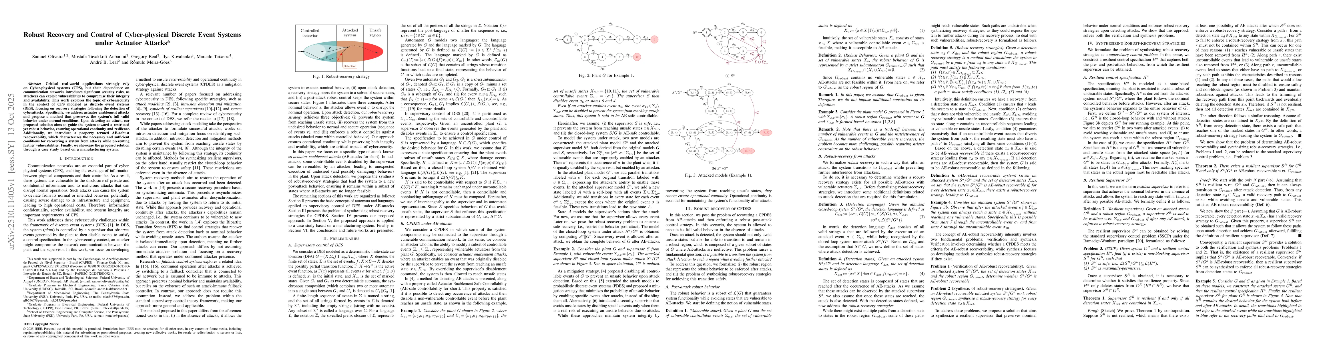 Thumbnail for Robust Recovery and Control of Cyber-physical Discrete Event Systems
  under Actuator Attacks