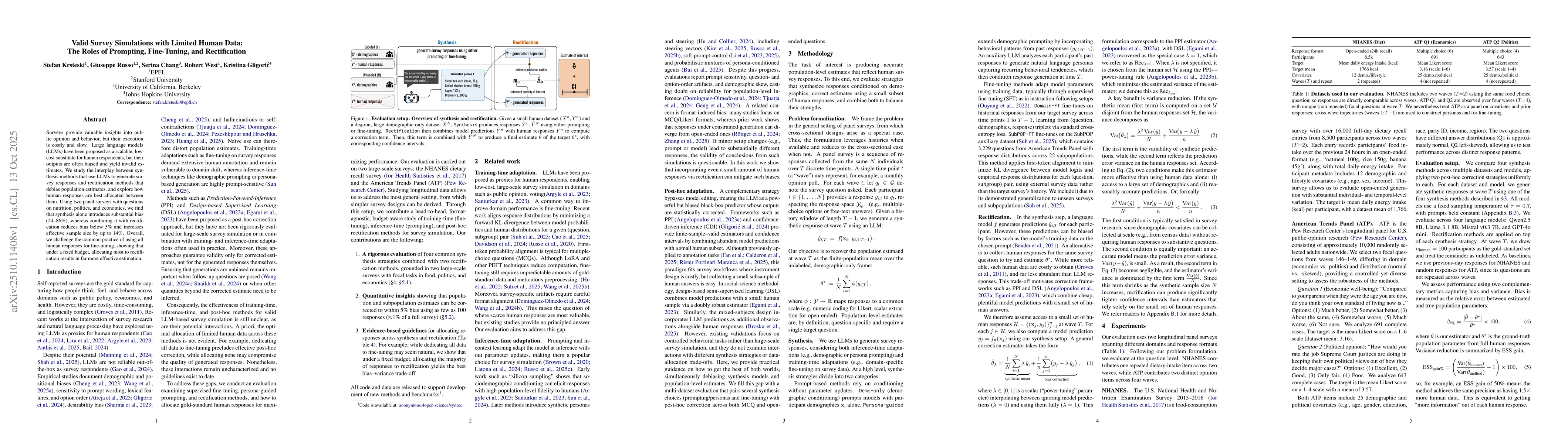 Thumbnail for Valid Survey Simulations with Limited Human Data: The Roles of
  Prompting, Fine-Tuning, and Rectification