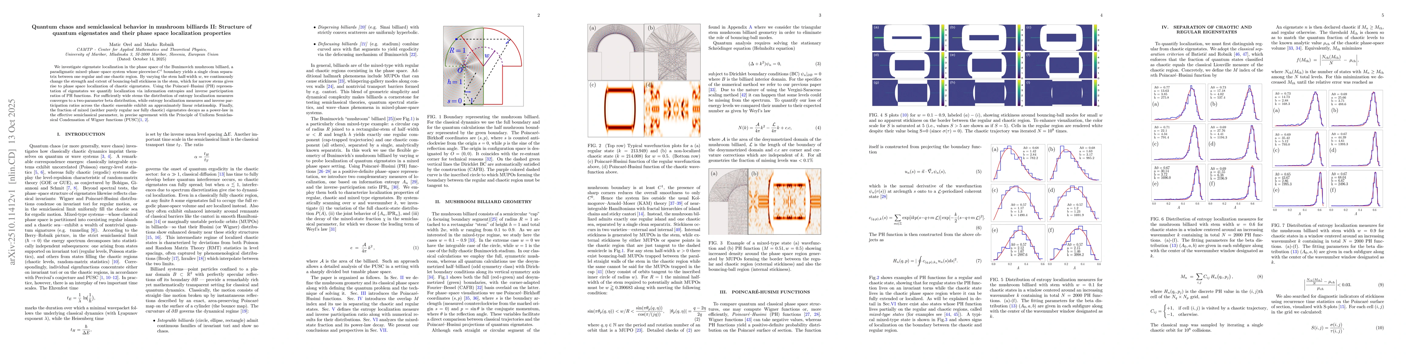 Thumbnail for Quantum chaos and semiclassical behavior in mushroom billiards II:
  Structure of quantum eigenstates and their phase space localization
  properties
