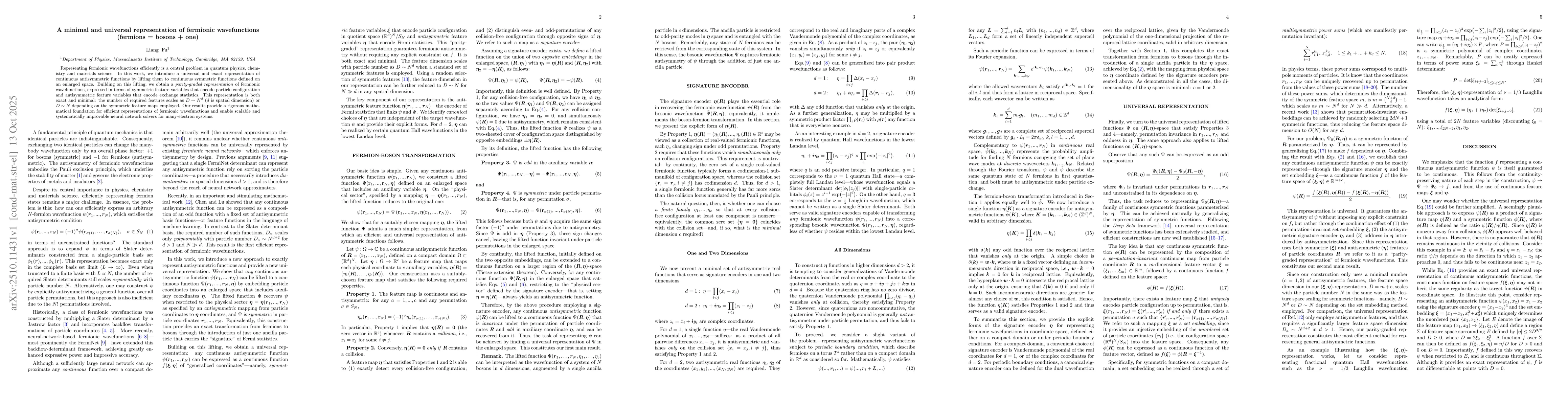 Thumbnail for A minimal and universal representation of fermionic wavefunctions
  (fermions = bosons + one)