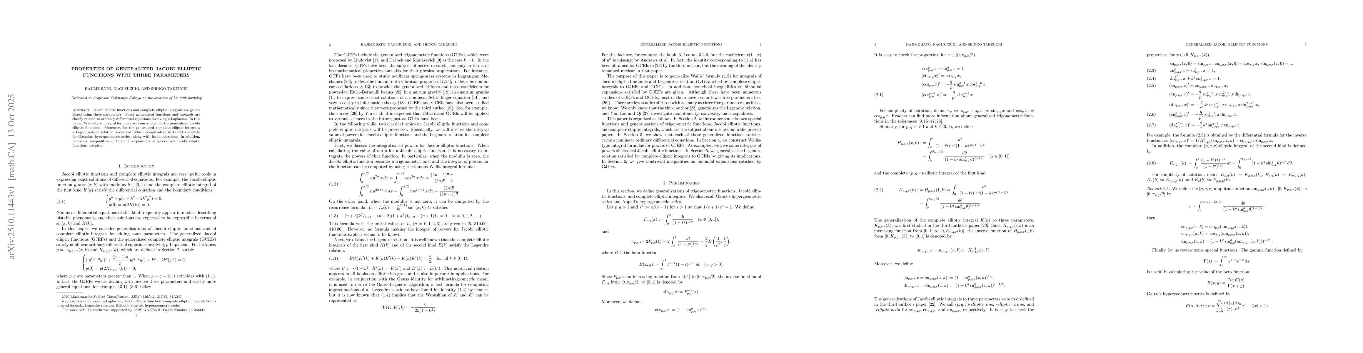 Thumbnail for Properties of generalized Jacobi elliptic functions with three
  parameters