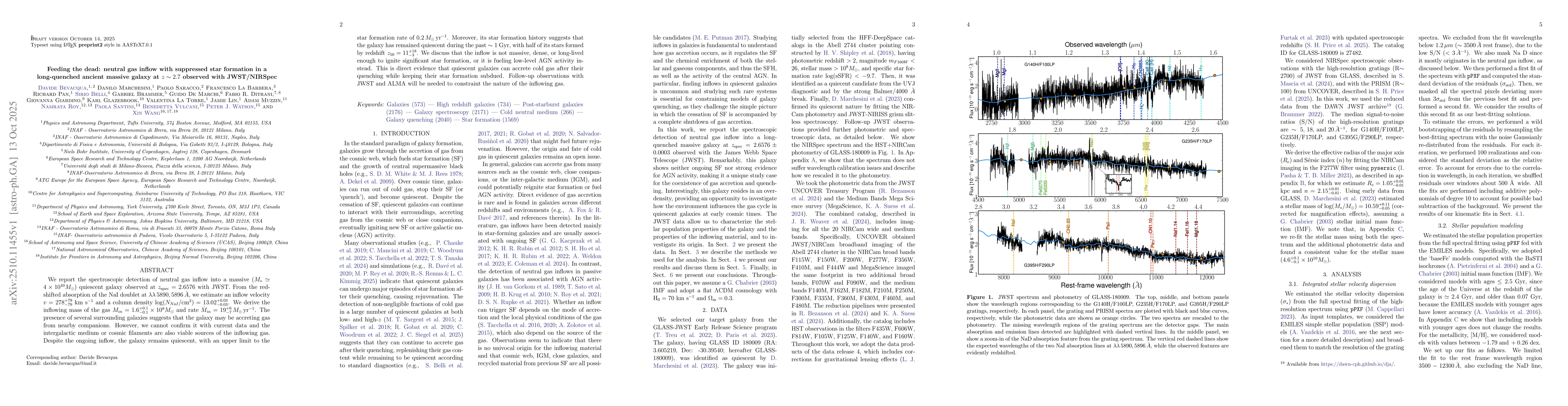Thumbnail for Feeding the dead: neutral gas inflow with suppressed star formation in a
  long-quenched ancient massive galaxy at z~2.7 observed with JWST/NIRSpec