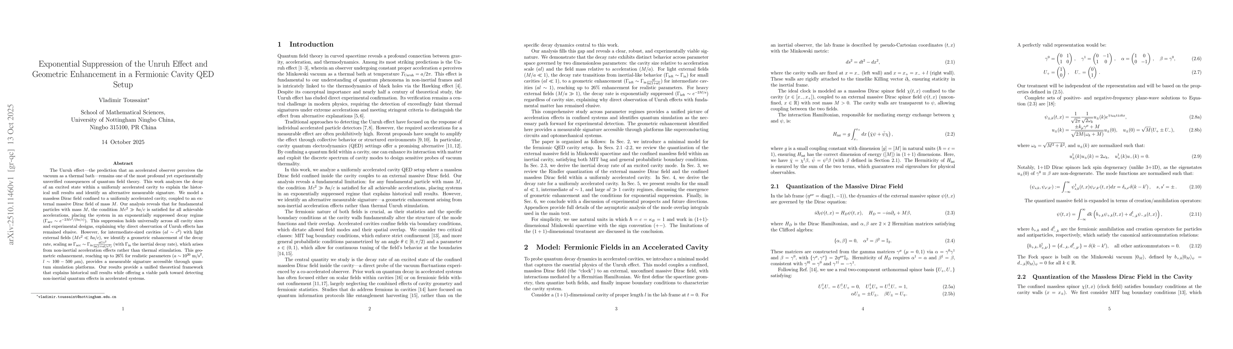 Thumbnail for Exponential Suppression of the Unruh Effect and Geometric Enhancement in
  a Fermionic Cavity QED Setup