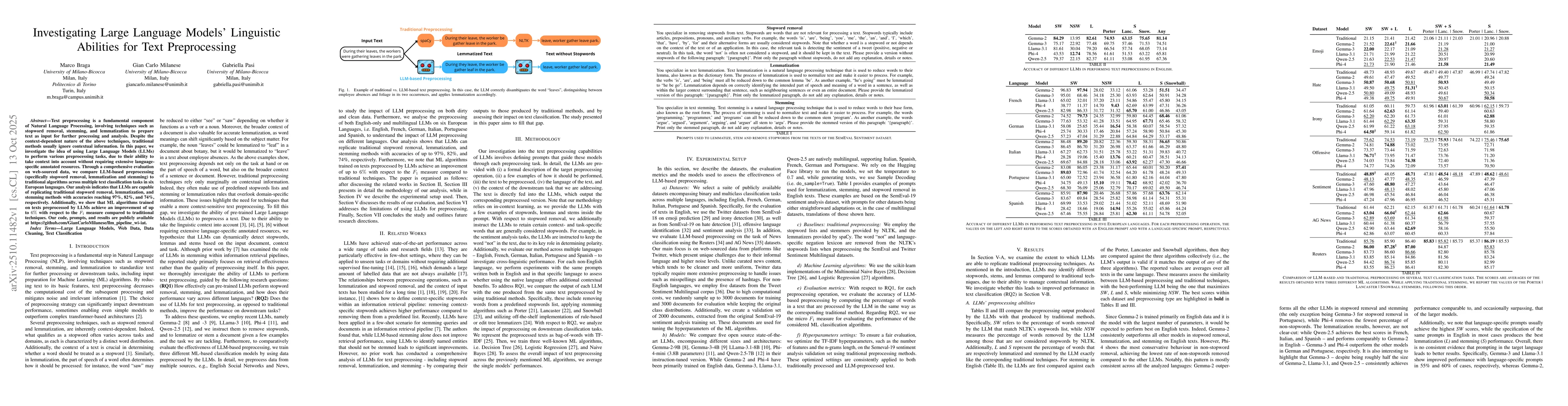 Thumbnail for Investigating Large Language Models' Linguistic Abilities for Text
  Preprocessing