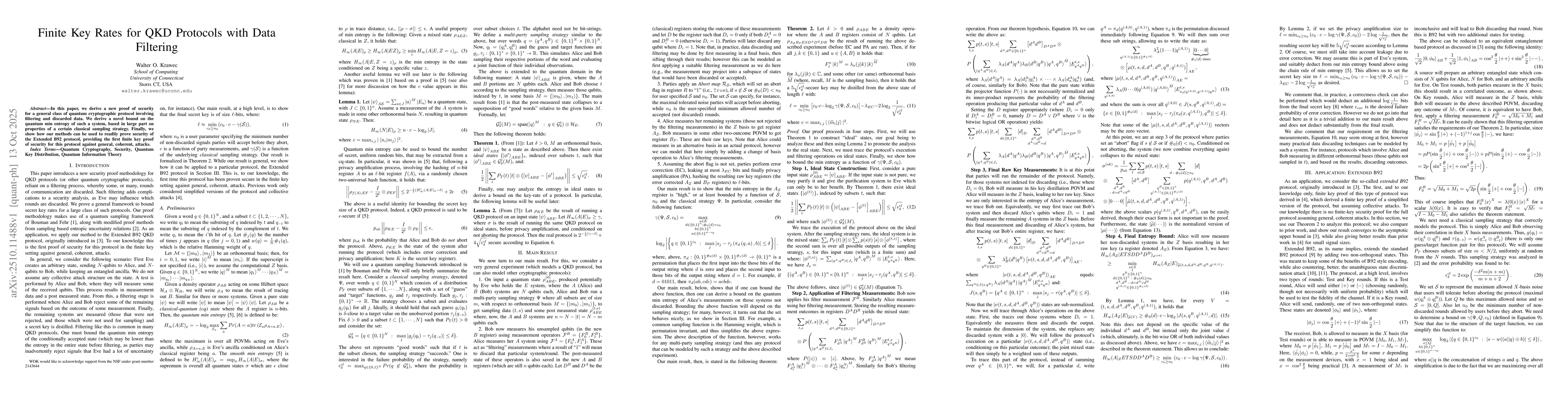 Thumbnail for Finite Key Rates for QKD Protocols with Data Filtering
