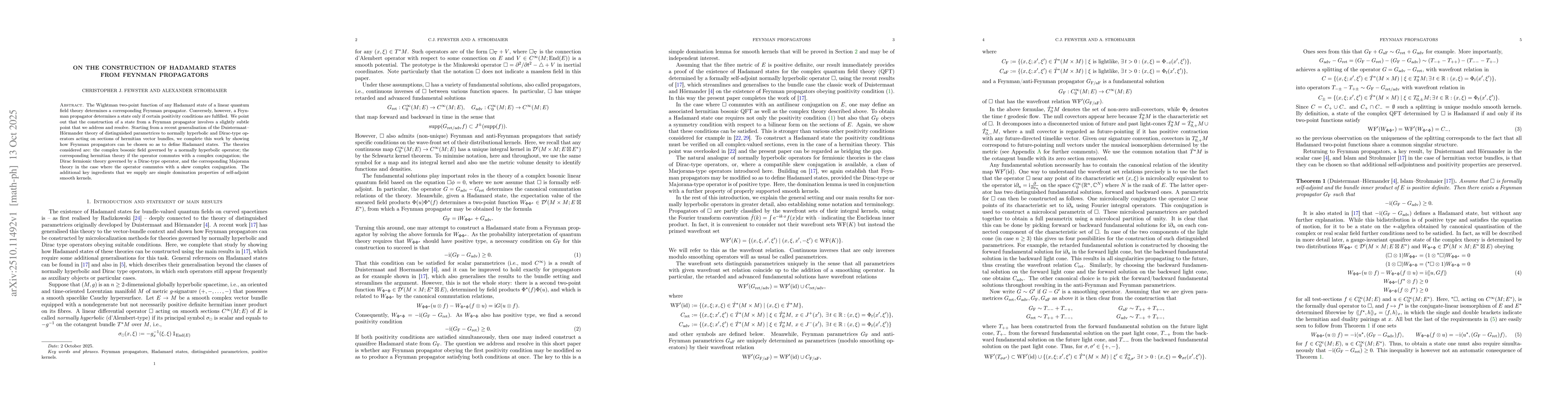 Thumbnail for On the construction of Hadamard states from Feynman propagators