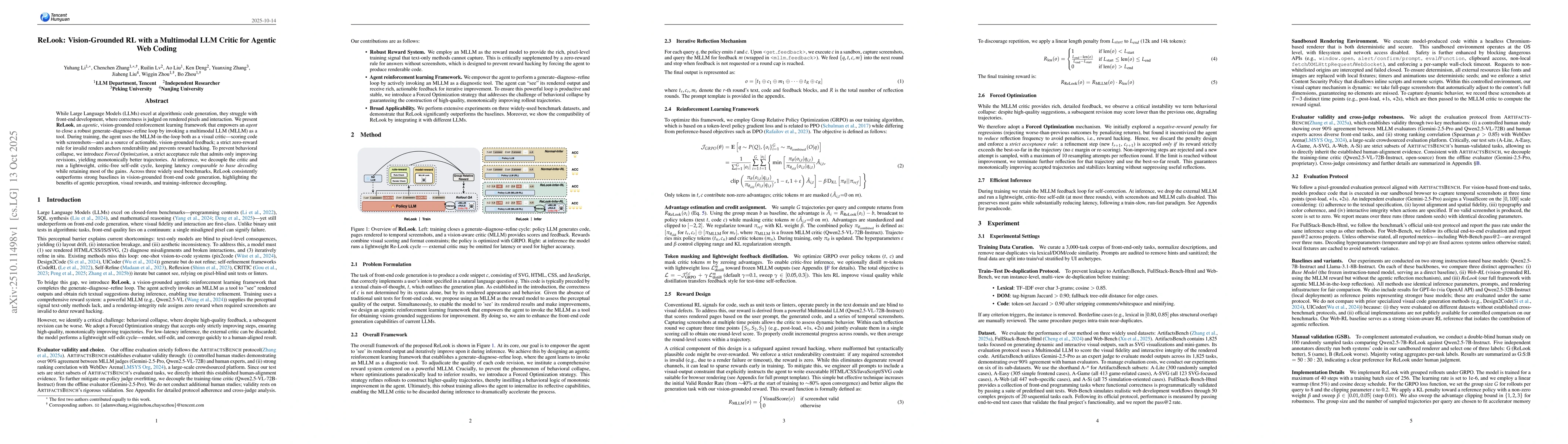Thumbnail for ReLook: Vision-Grounded RL with a Multimodal LLM Critic for Agentic Web
  Coding