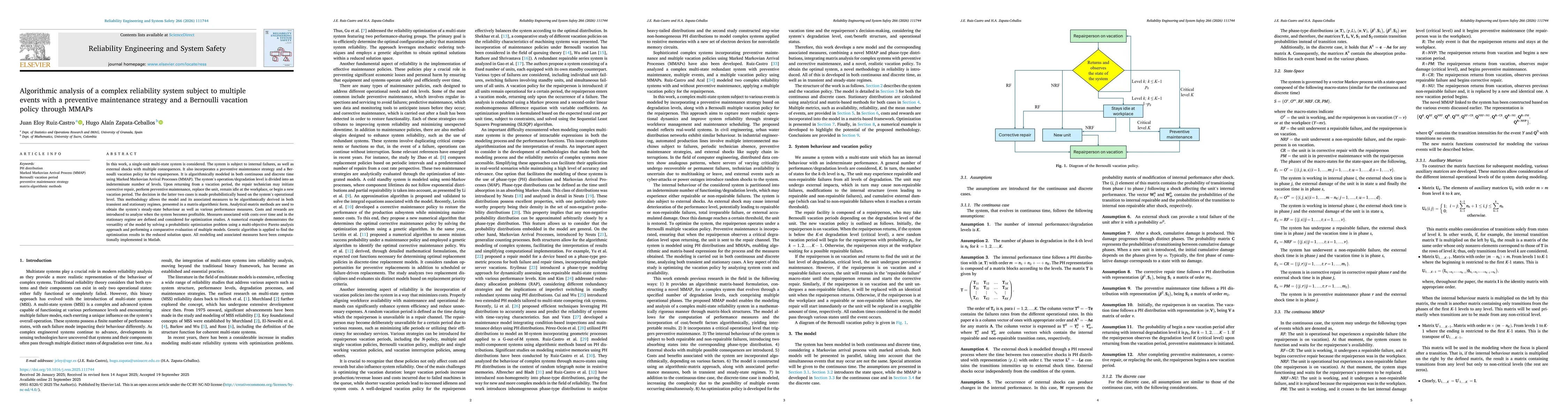Thumbnail for Algorithmic analysis of a complex reliability system subject to multiple
  events with a preventive maintenance strategy and a Bernoulli vacation policy
  through MMAPs