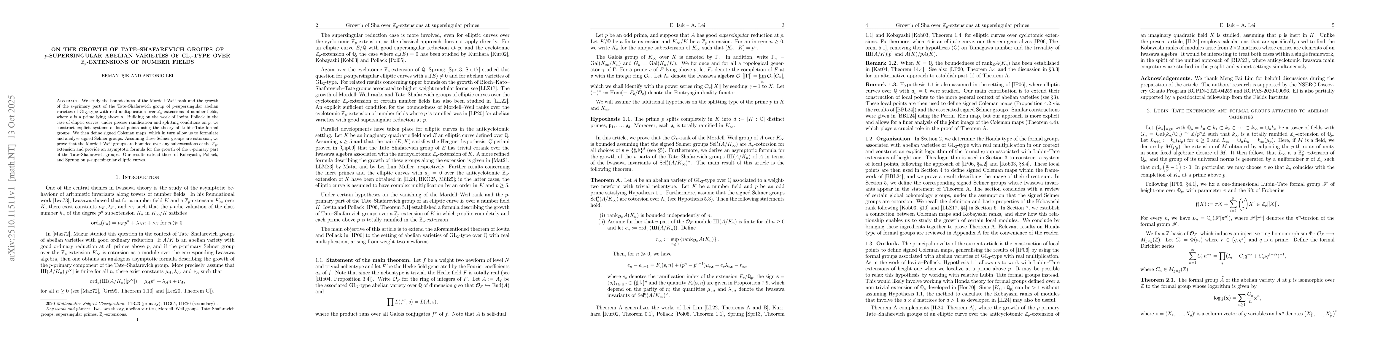 Thumbnail for On the growth of Tate-Shafarevich groups of $p$-supersingular abelian
  varieties of ${\rm GL}_2$-type over $\mathbb{Z}_p$-extensions of number
  fields