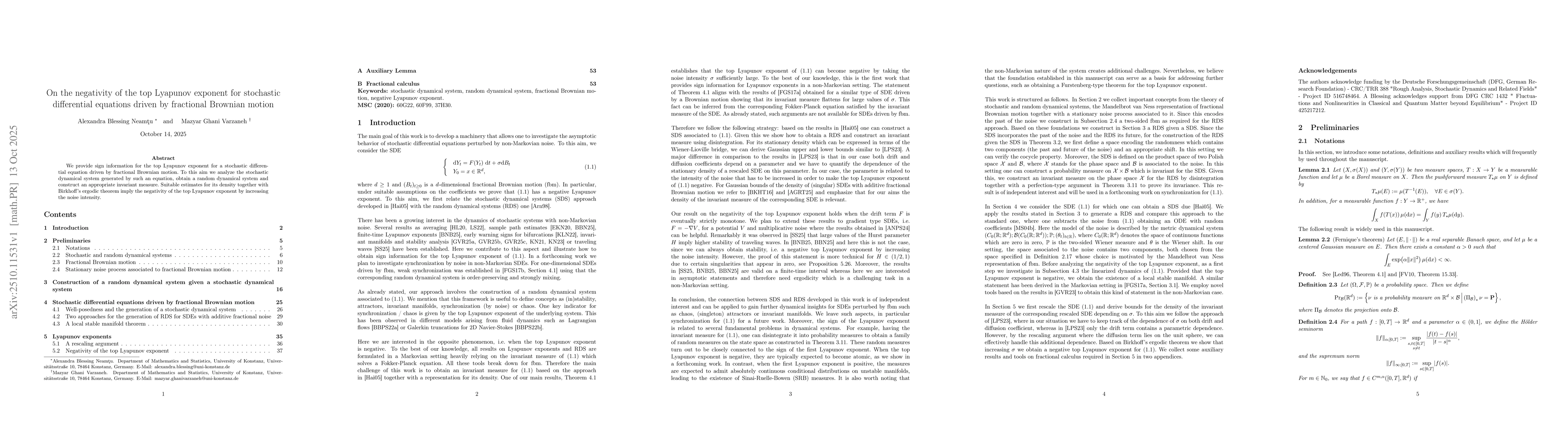 Thumbnail for On the negativity of the top Lyapunov exponent for stochastic
  differential equations driven by fractional Brownian motion