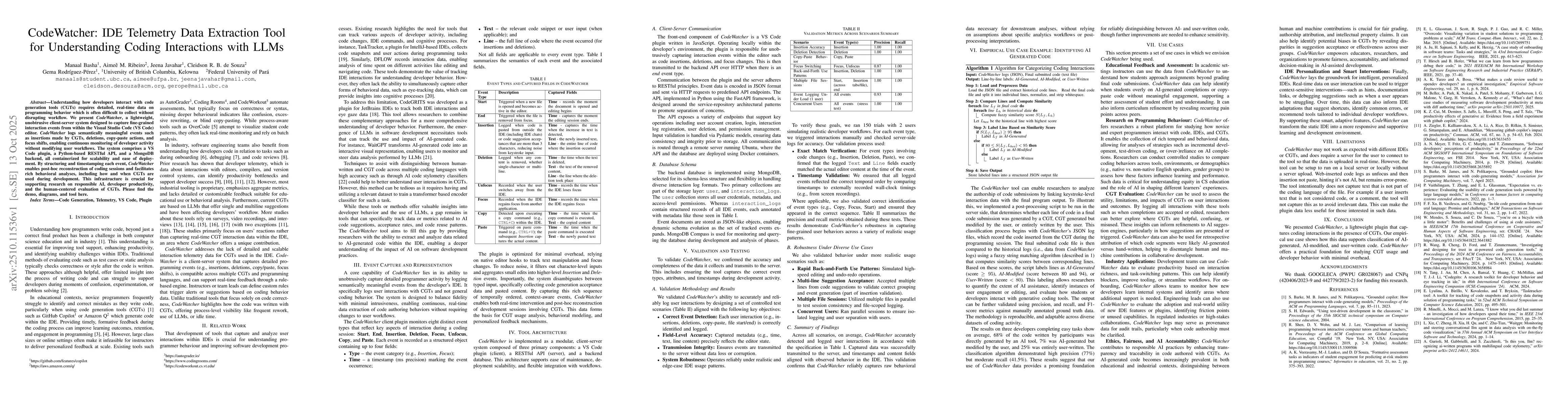 Thumbnail for CodeWatcher: IDE Telemetry Data Extraction Tool for Understanding Coding
  Interactions with LLMs