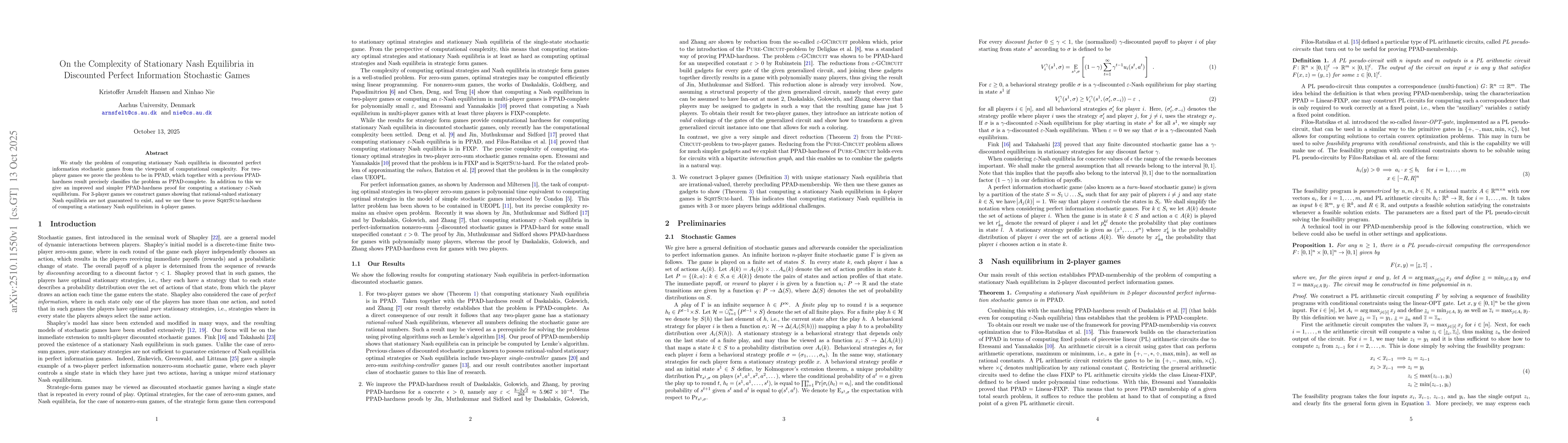 Thumbnail for On the Complexity of Stationary Nash Equilibria in Discounted Perfect
  Information Stochastic Games