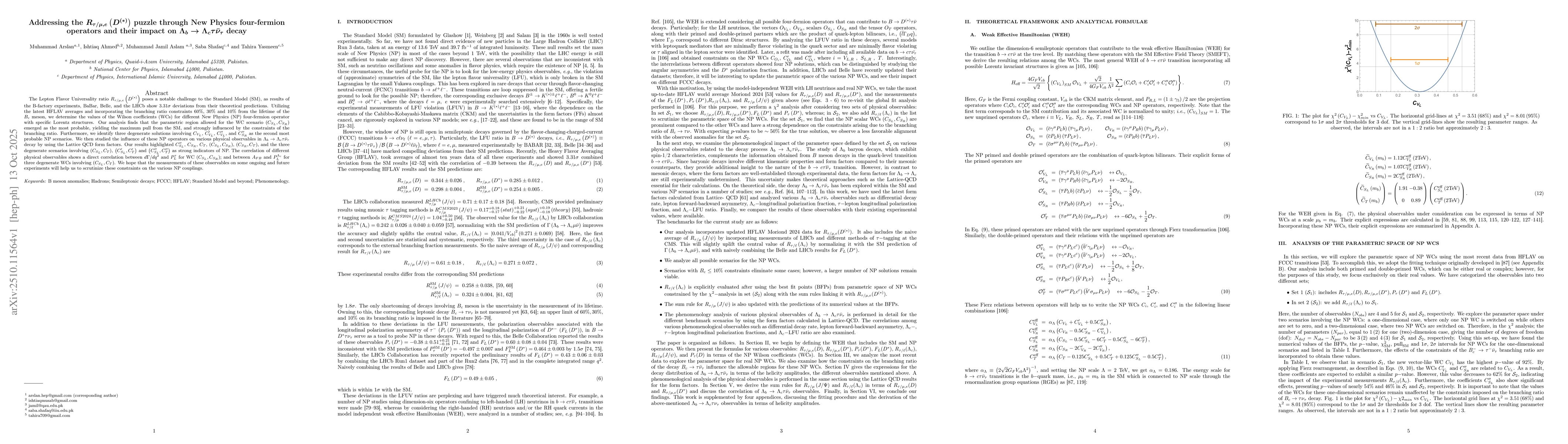 Thumbnail for Addressing the $R_{τ/{μ,e}}\left(D^{(*)}\right)$ puzzle through New
  Physics four-fermion operators and their impact on
  $Λ_{b}\rightarrowΛ_{c}τ\barν_τ$ decay