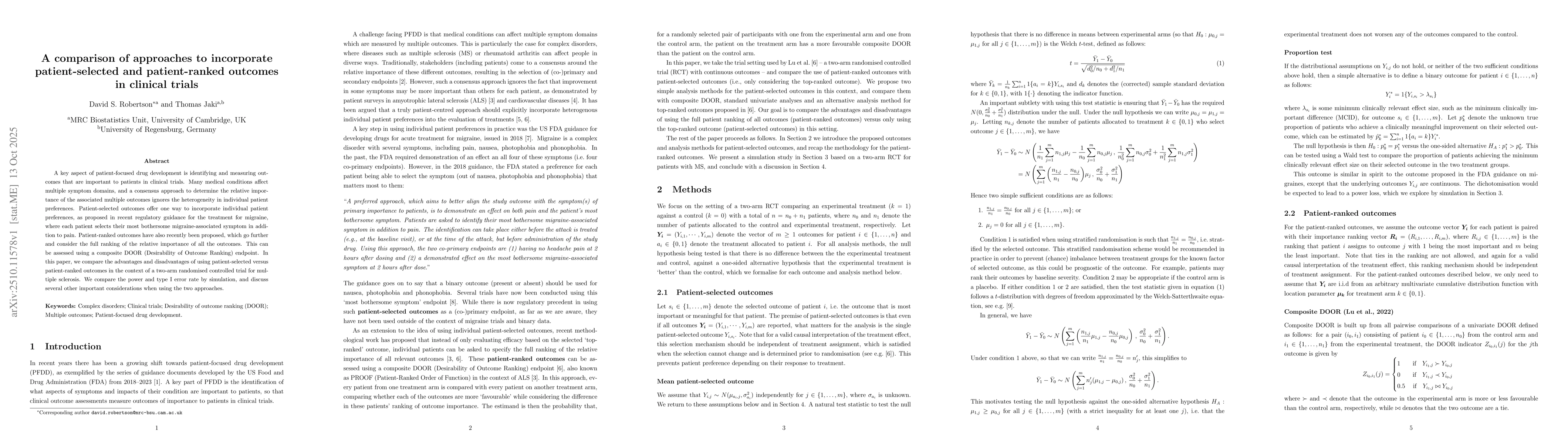 Thumbnail for A comparison of approaches to incorporate patient-selected and
  patient-ranked outcomes in clinical trials