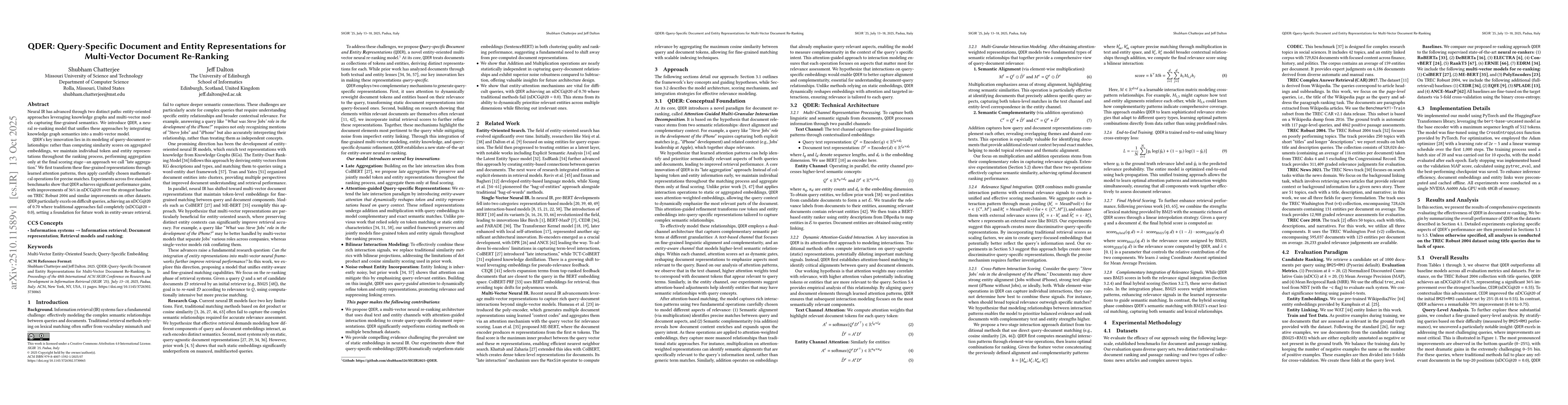 Thumbnail for QDER: Query-Specific Document and Entity Representations for
  Multi-Vector Document Re-Ranking