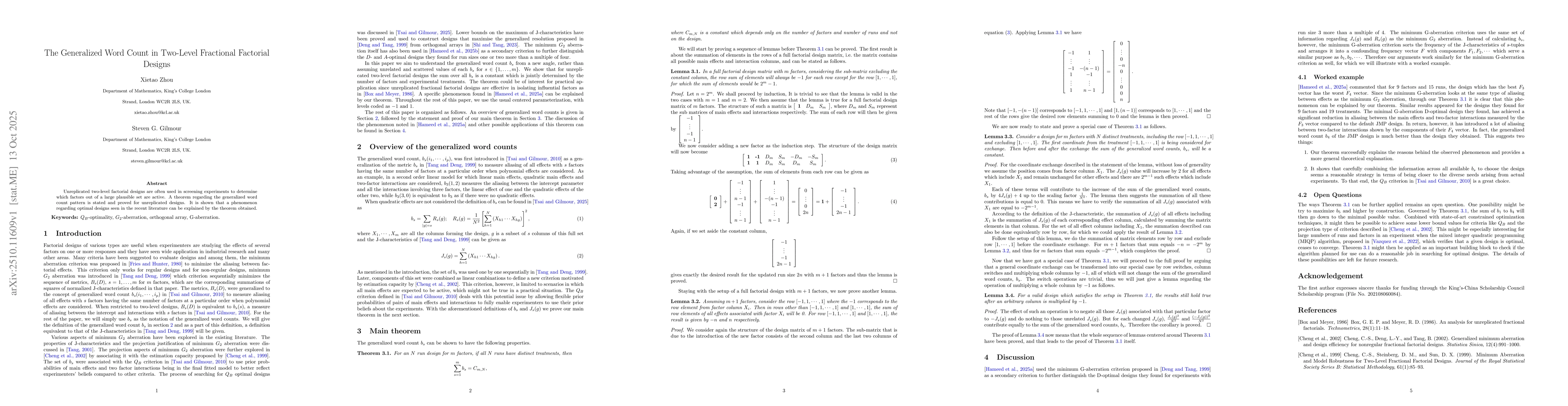 Thumbnail for The Generalized Word Count in Two-Level Fractional Factorial Designs