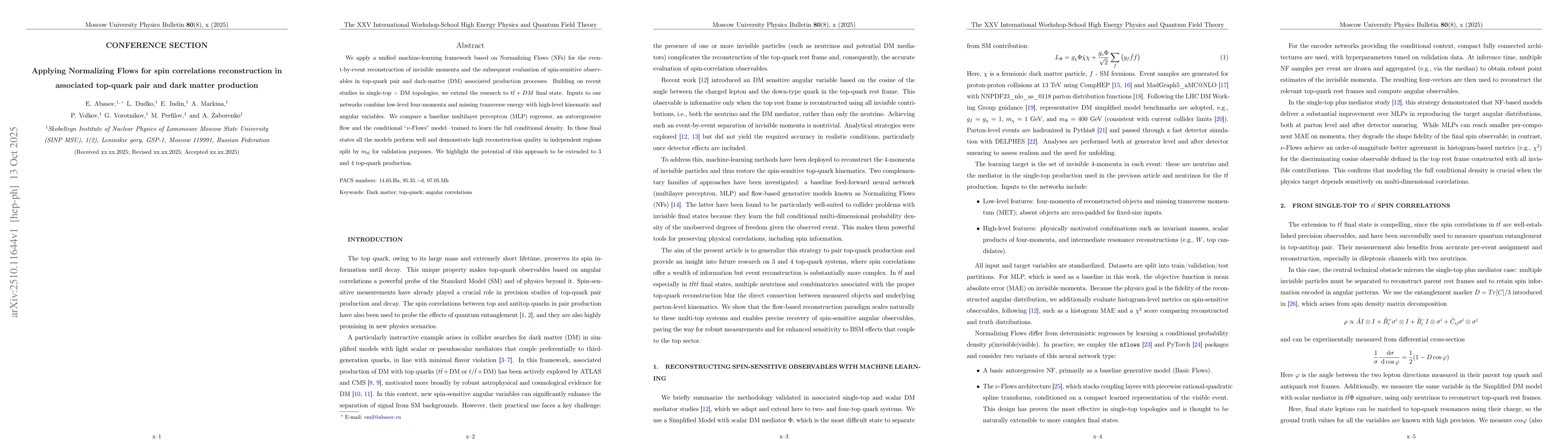 Thumbnail for Applying Normalizing Flows for spin correlations reconstruction in
  associated top-quark pair and dark matter production