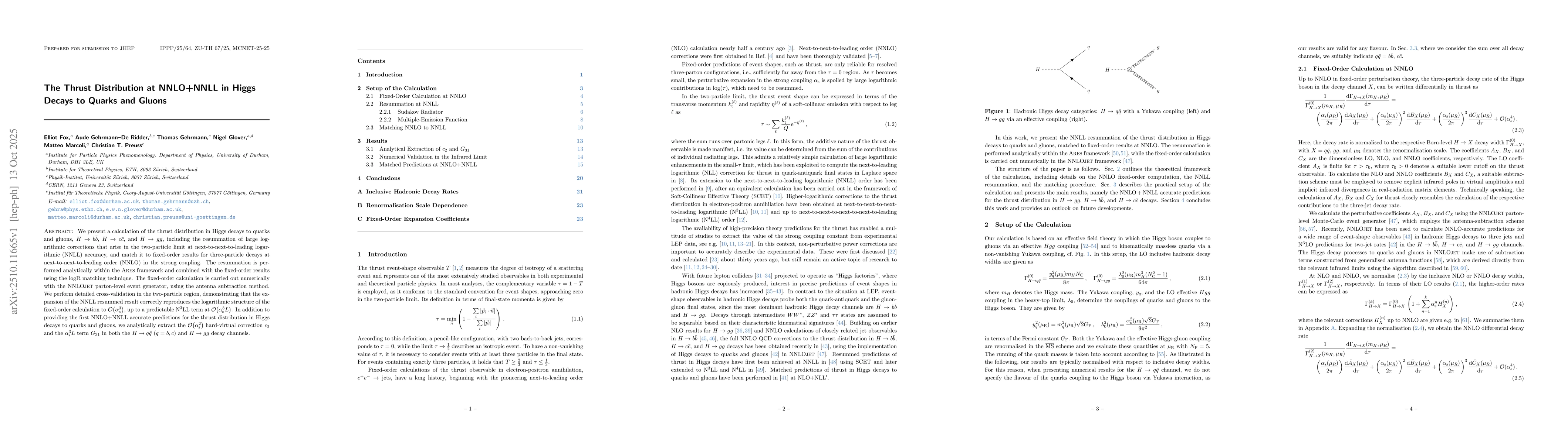 Thumbnail for The Thrust Distribution at NNLO+NNLL in Higgs Decays to Quarks and
  Gluons
