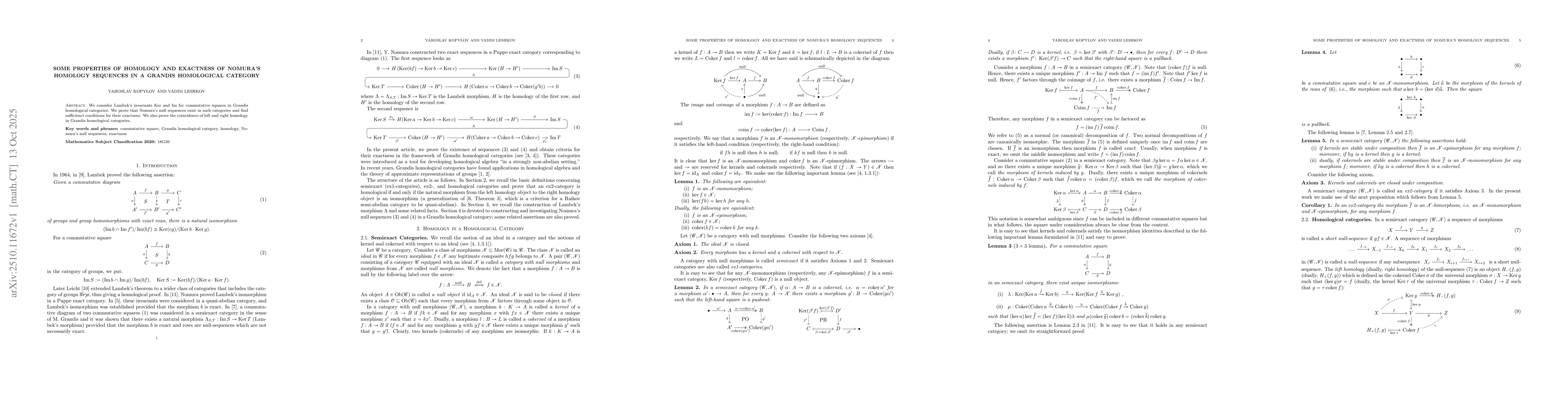 Thumbnail for Some Properties of Homology and Exactness of Nomura's Homology Sequences
  in a Grandis Homological Category