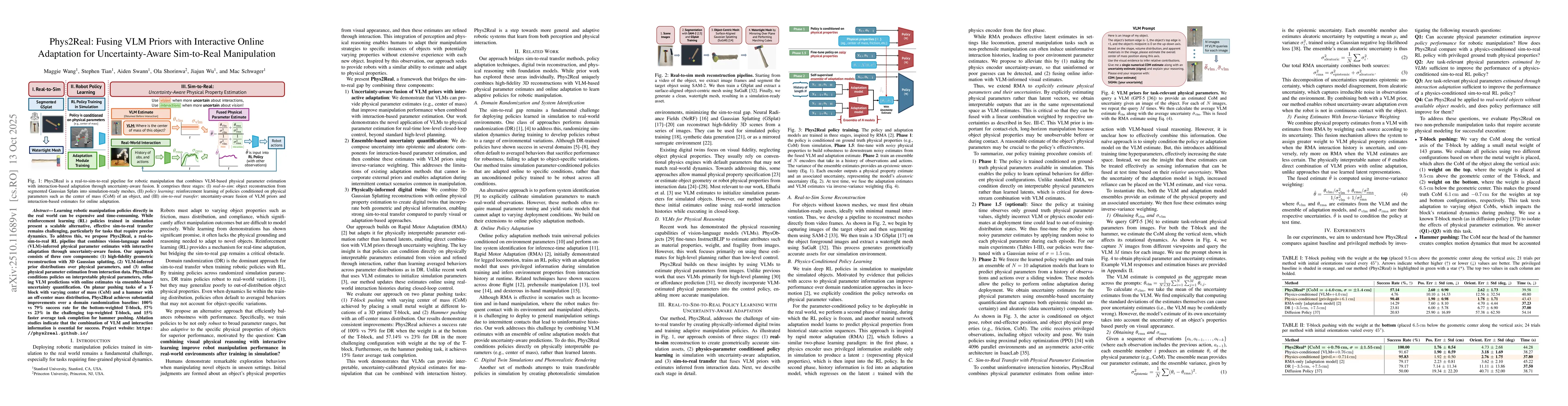 Thumbnail for Phys2Real: Fusing VLM Priors with Interactive Online Adaptation for
  Uncertainty-Aware Sim-to-Real Manipulation