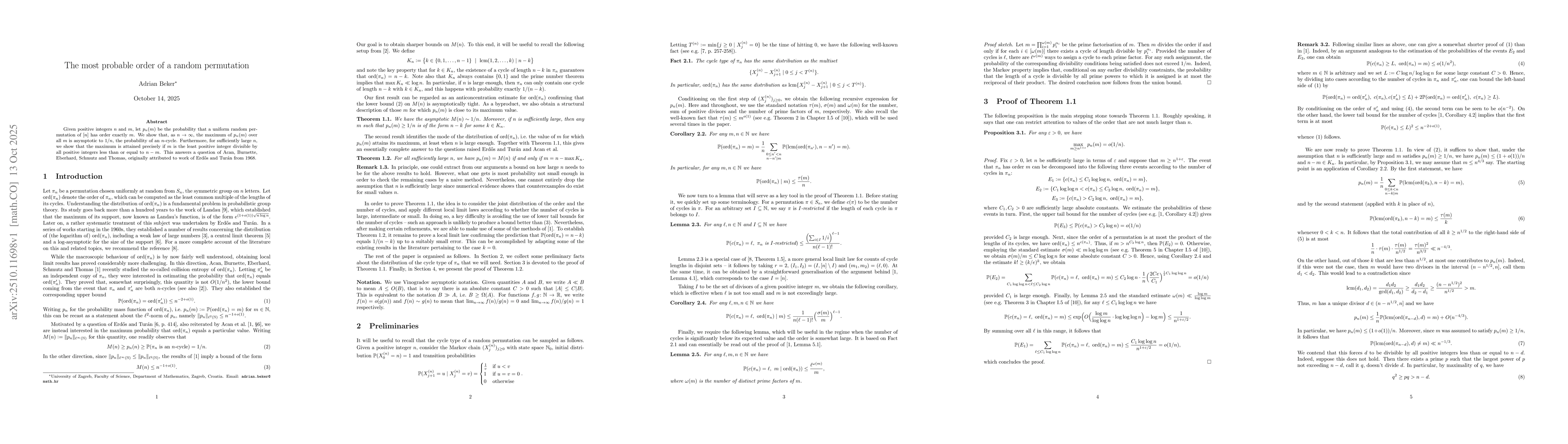 Thumbnail for The most probable order of a random permutation