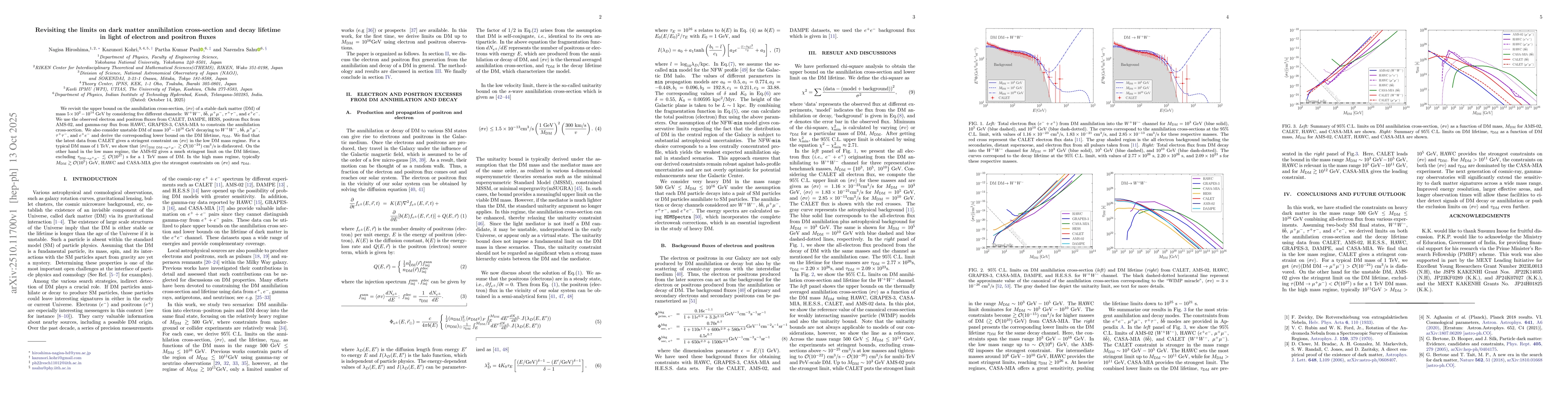 Thumbnail for Revisiting the limits on dark matter annihilation cross-section and
  decay lifetime in light of electron and positron fluxes