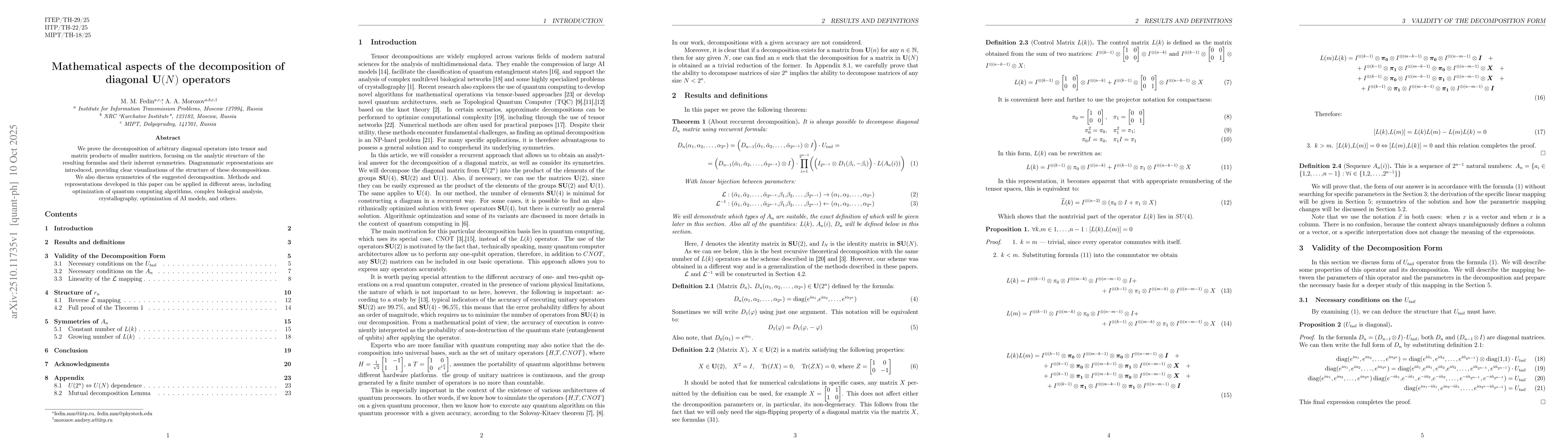 Thumbnail for Mathematical aspects of the decomposition of diagonal U(N) operators