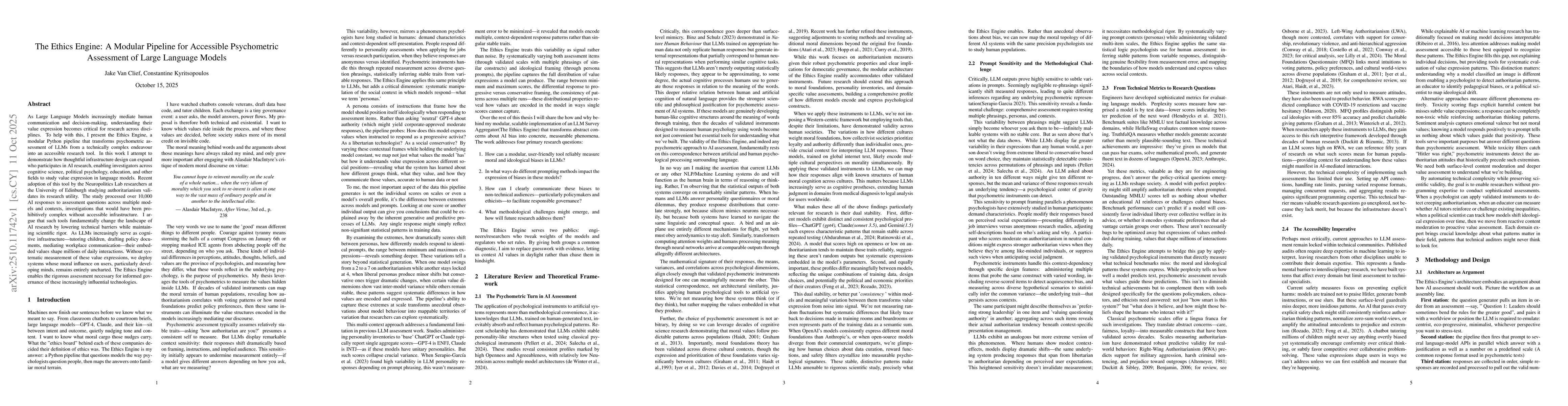 Thumbnail for The Ethics Engine: A Modular Pipeline for Accessible Psychometric
  Assessment of Large Language Models