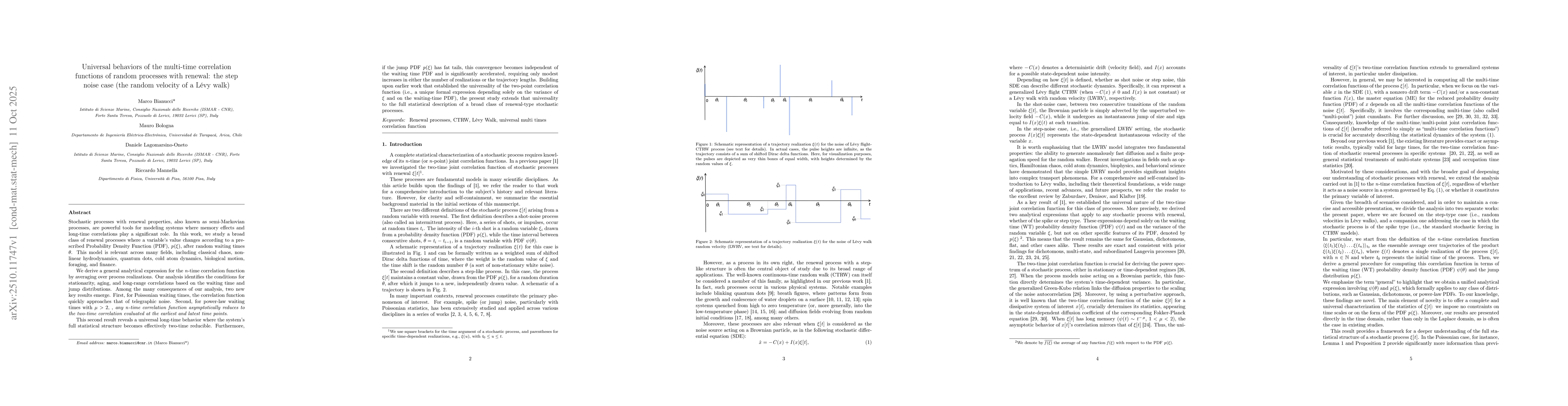 Thumbnail for Universal behaviors of the multi-time correlation functions of random
  processes with renewal: the step noise case (the random velocity of a Lévy
  walk)