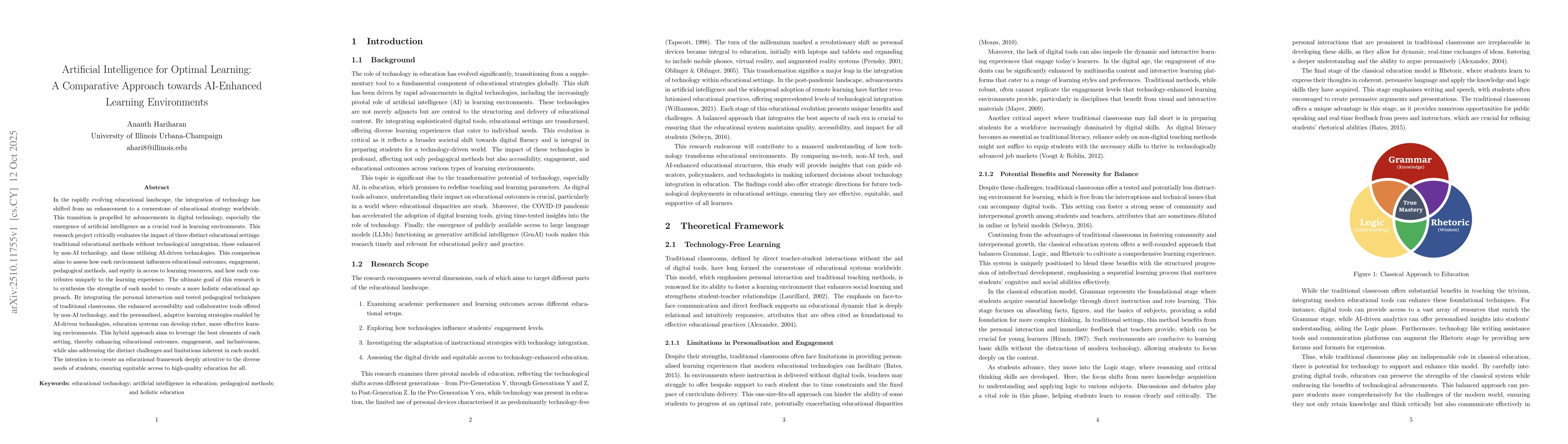 Thumbnail for Artificial Intelligence for Optimal Learning: A Comparative Approach
  towards AI-Enhanced Learning Environments