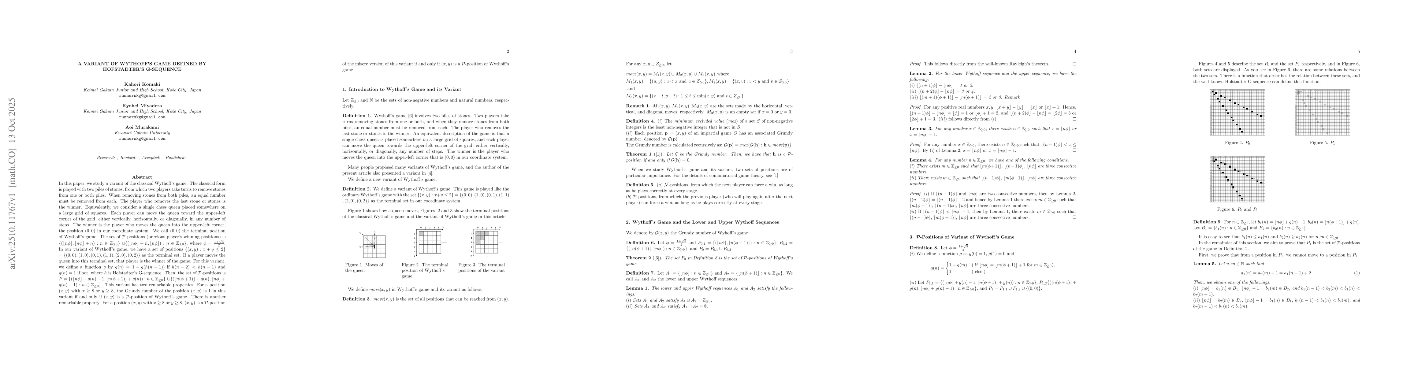 Thumbnail for A Variant of Wythoff's Game Defined by Hofstadter's G-Sequence