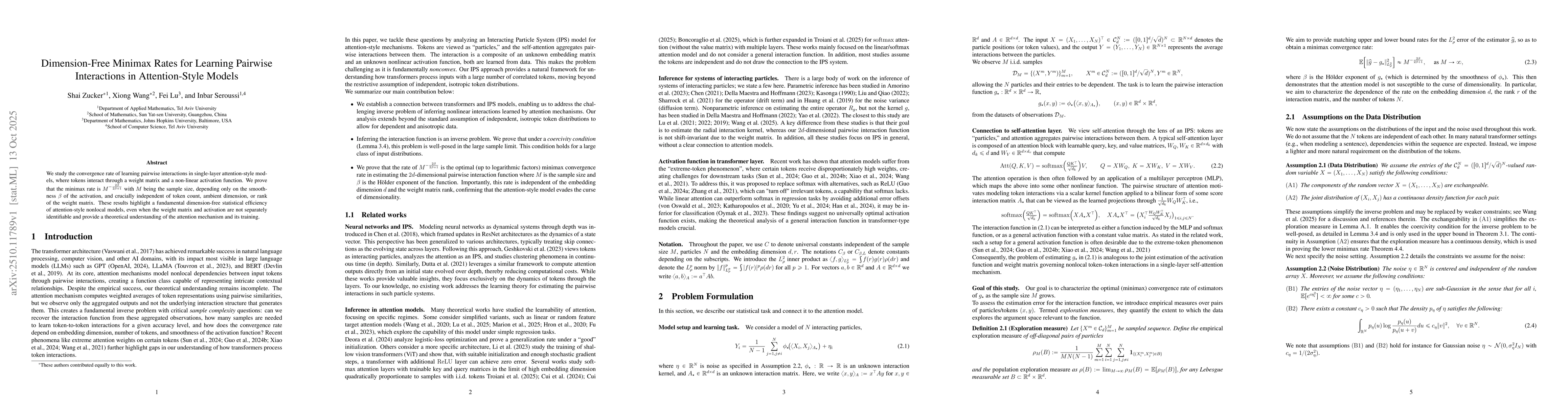 Thumbnail for Dimension-Free Minimax Rates for Learning Pairwise Interactions in
  Attention-Style Models