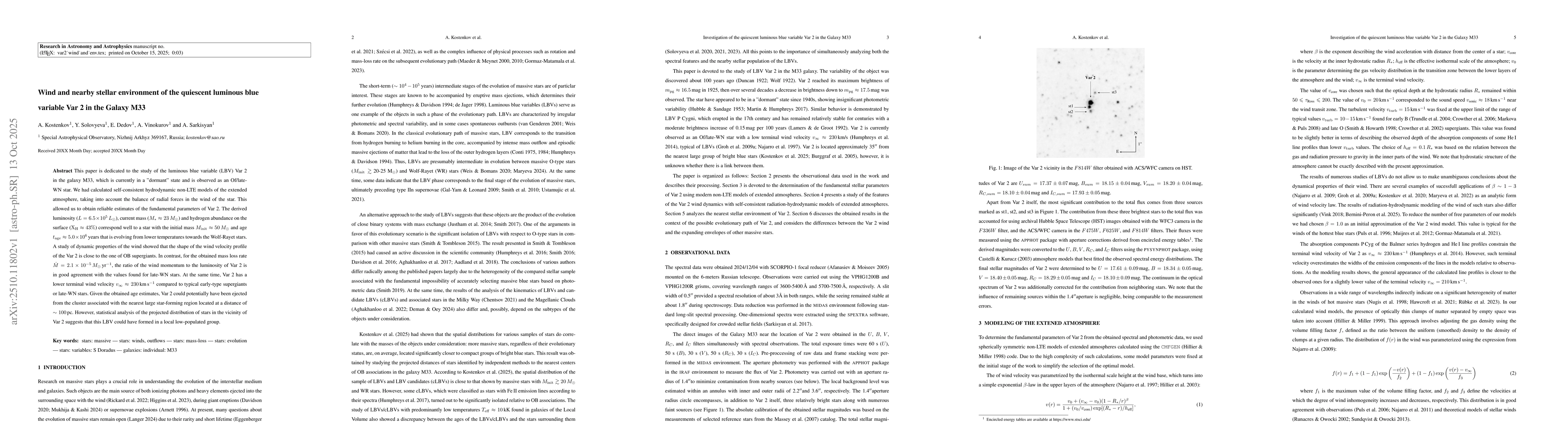 Thumbnail for Wind and nearby stellar environment of the quiescent luminous blue
  variable Var 2 in the Galaxy M33