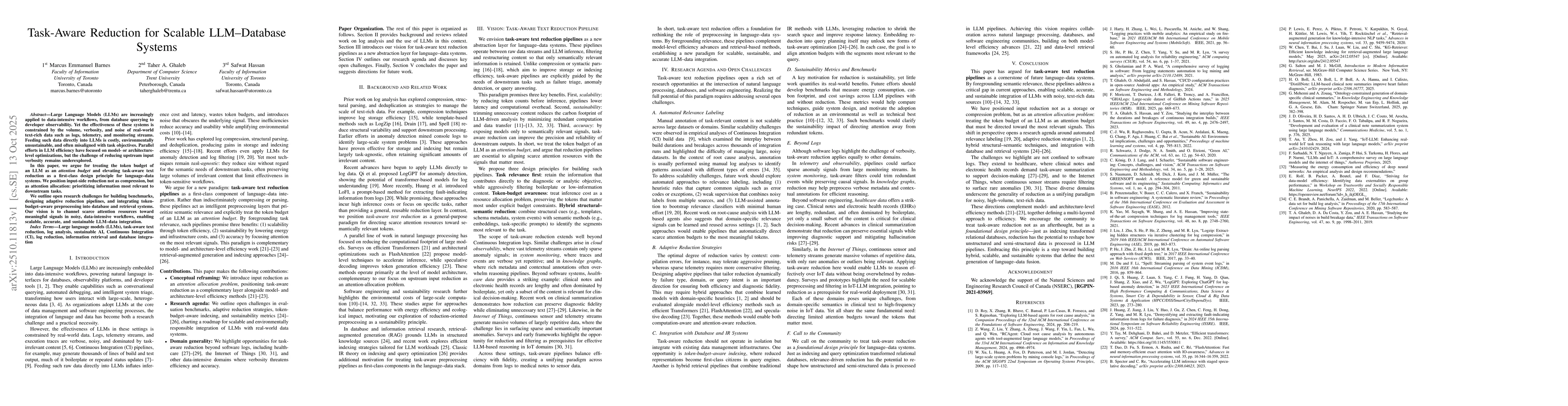 Thumbnail for Task-Aware Reduction for Scalable LLM-Database Systems
