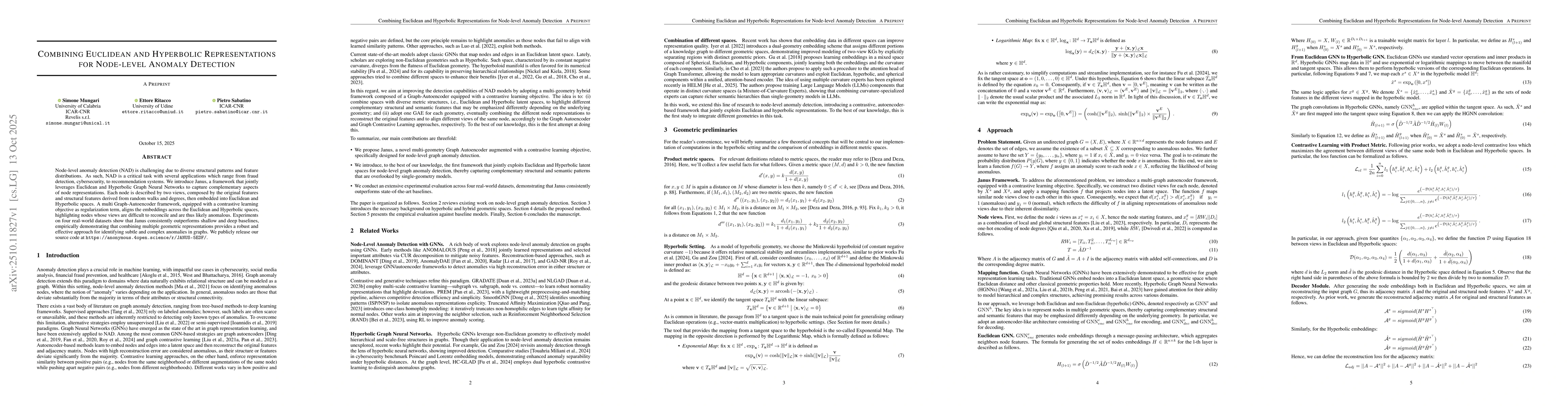 Thumbnail for Combining Euclidean and Hyperbolic Representations for Node-level
  Anomaly Detection