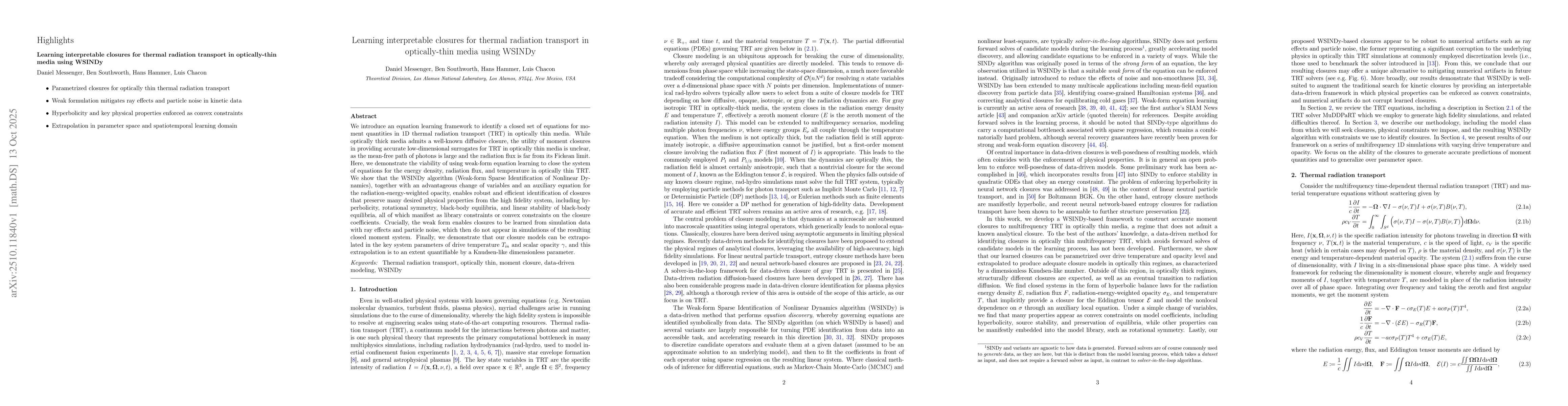 Thumbnail for Learning interpretable closures for thermal radiation transport in
  optically-thin media using WSINDy