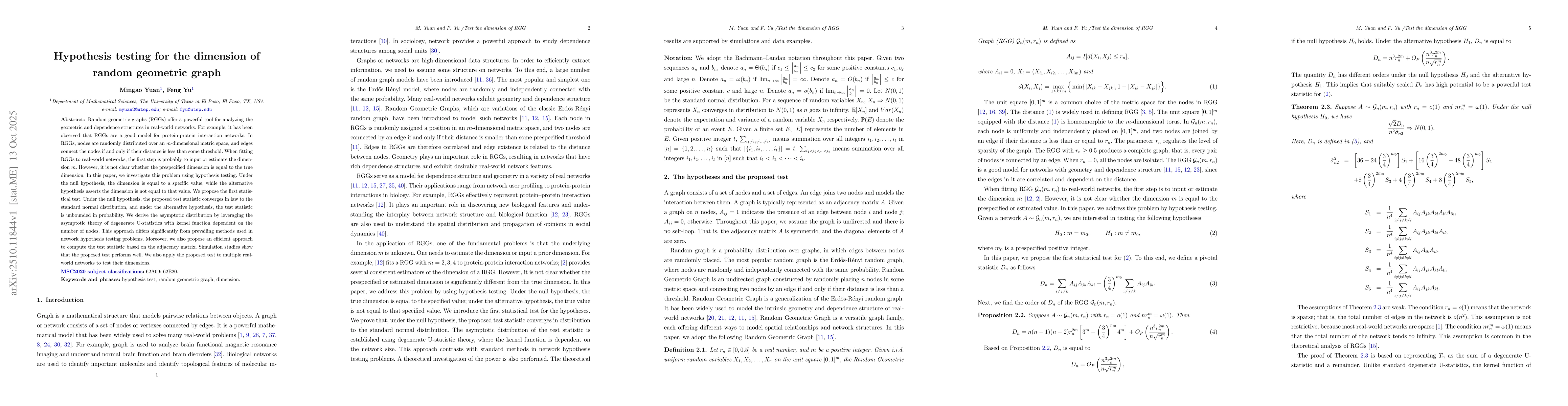 Thumbnail for Hypothesis testing for the dimension of random geometric graph