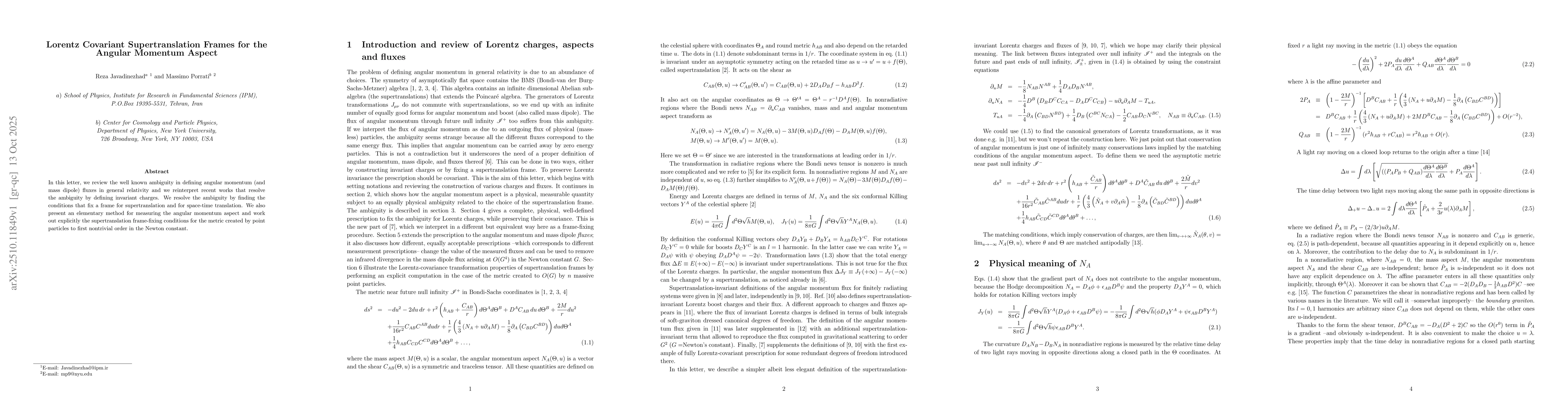 Thumbnail for Lorentz Covariant Supertranslation Frames for the Angular Momentum
  Aspect